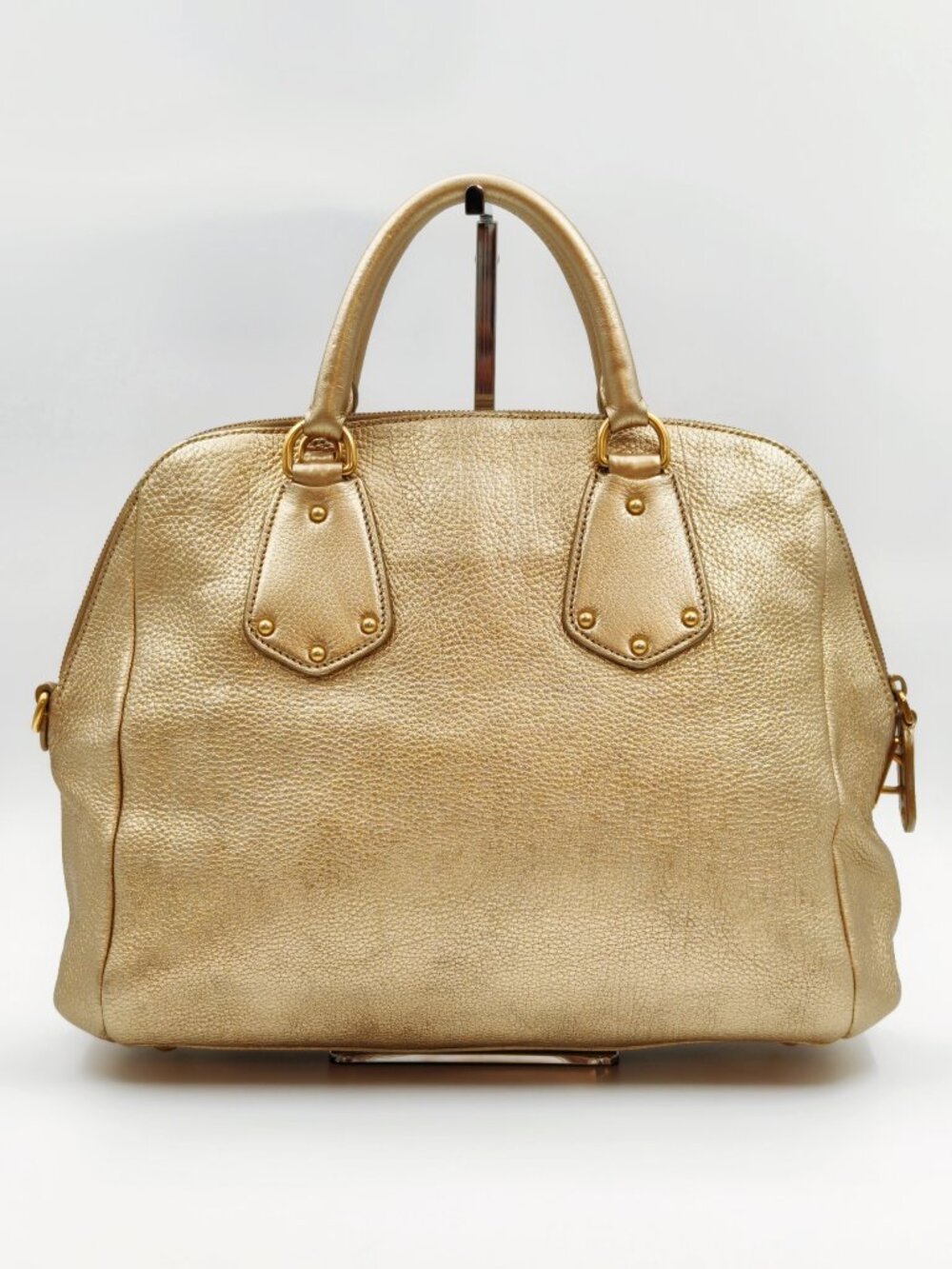 Prada Vitello Daino Metallic Gold Pebbled Leather Satchel Bag - Picture 2 of 13